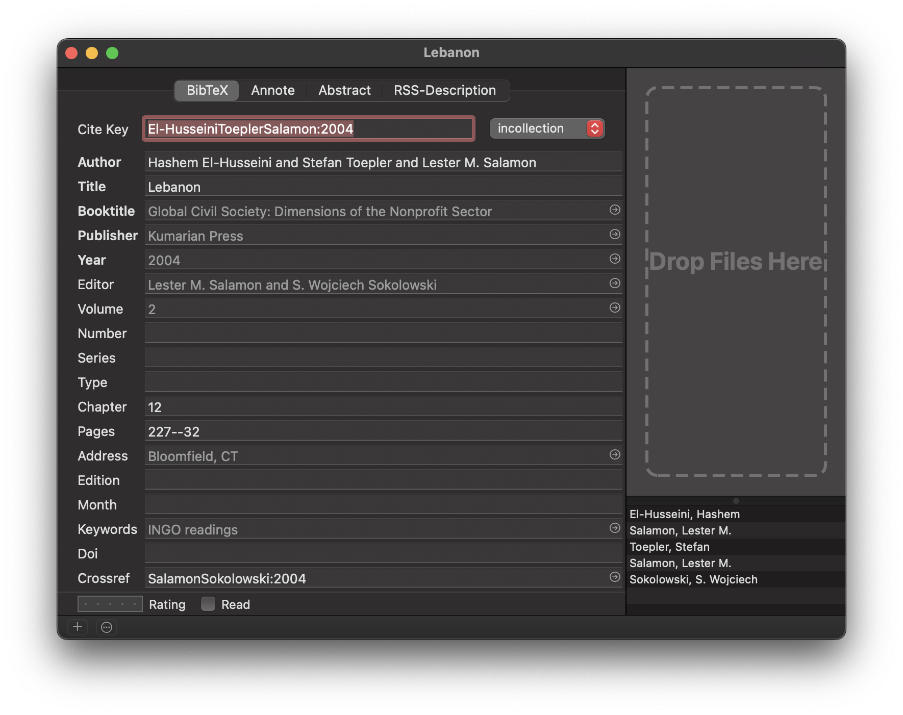 BibDesk editor window for a book chapter that inherits its parent book's attributes